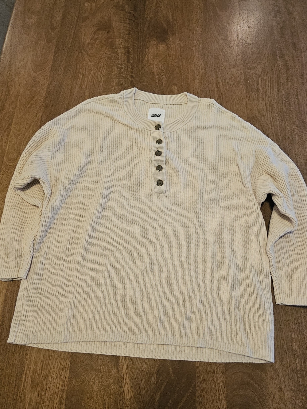 aerie Beige Ribbed Henley Crewneck Sweater